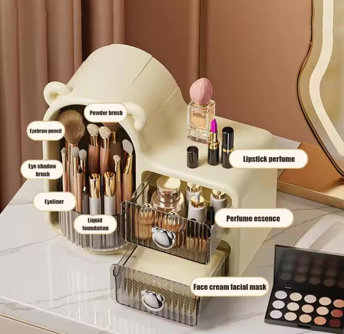 Rotating Desktop Bear Shape Storage Box, Desktop Organizer With 2 Drawers, Makeup And Brushes Organizer, Dressing Table Storage Box Rotating Desktop Bear Shape Storage Box, Desktop Organizer With 2 Drawers, Makeup And Brushes Organizer, Dressing Table Storage Box